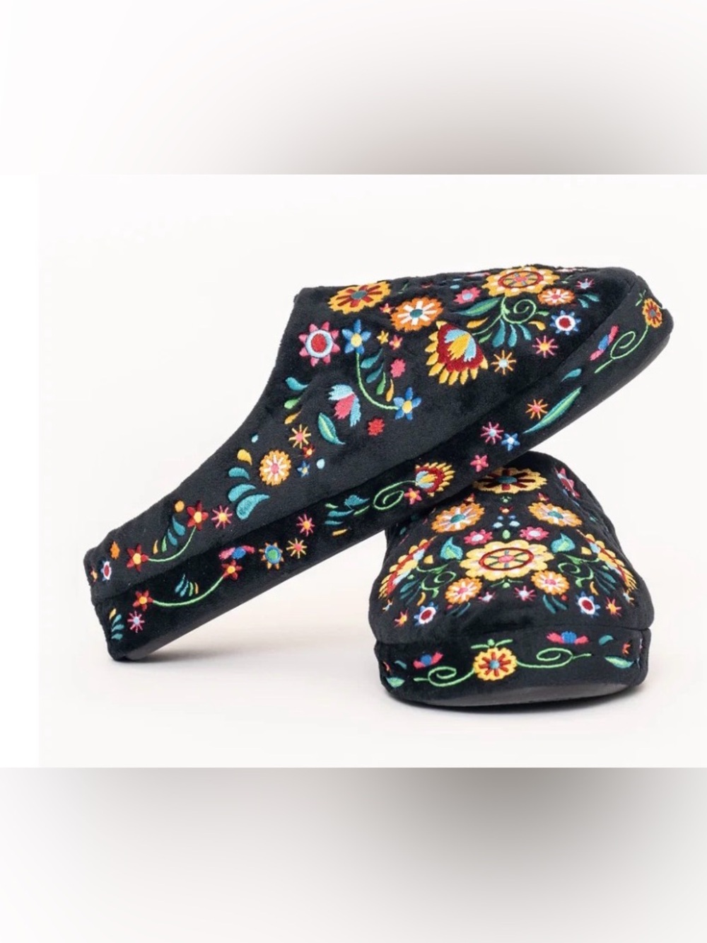 Black Embroidered Floral Slip-On Slippers for Women